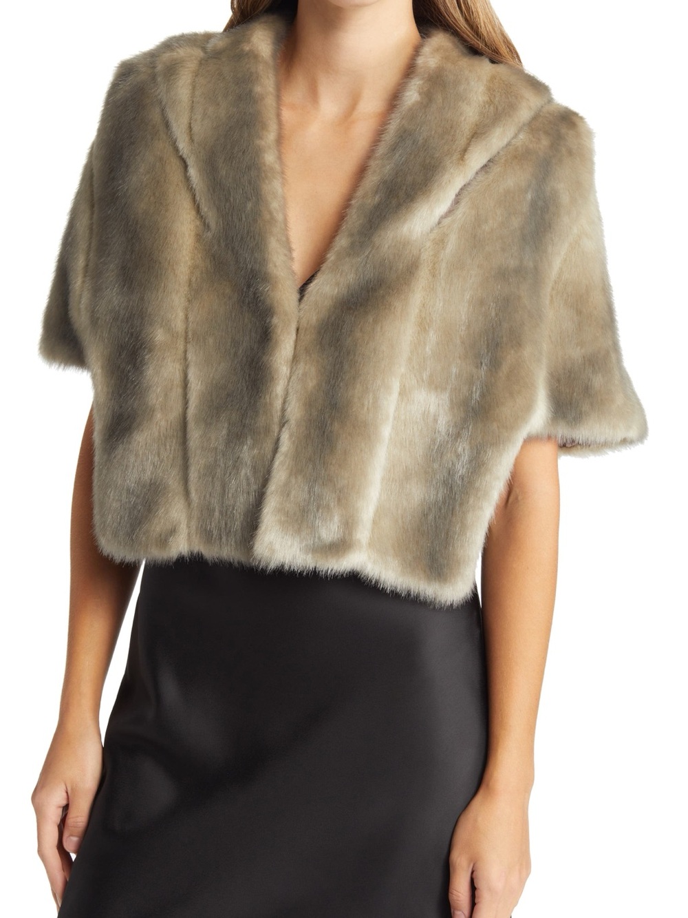 Eliza J Gray Faux Fur Cropped Jacket Short Sleeve Size M Capelet
